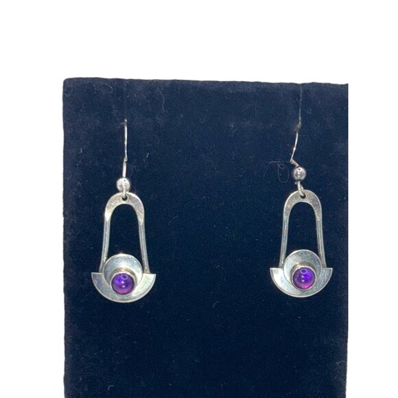 Vintage 925 Sterling Silver & Amethyst Earrings Modernist Design - Picture 3 of 9